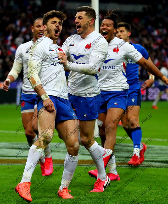 2020 Guinness Six Nations Championship Round 2, Stade de France, Saint-Denis, Paris, France 9/2/2020 France vs Italy France's Romain Ntamack celebrates scoring a try with Anthony Bouthier Mandatory Credit ©INPHO/James Crombie 