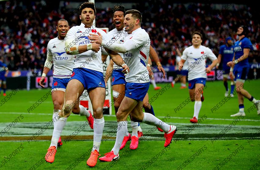 2020 Guinness Six Nations Championship Round 2, Stade de France, Saint-Denis, Paris, France 9/2/2020 France vs Italy France's Romain Ntamack celebrates scoring a try with Anthony Bouthier Mandatory Credit ©INPHO/James Crombie 