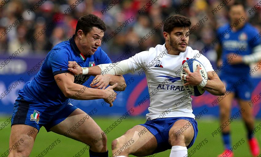 2020 Guinness Six Nations Championship Round 2, Stade de France, Paris, France 9/2/2020 France vs Italy France's Romain Ntamack with Italy's Luca Morisi Mandatory Credit ©INPHO/Giuseppe Fama 