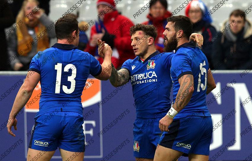 2020 Guinness Six Nations Championship Round 2, Stade de France, Paris, France 9/2/2020 France vs Italy Italy celebrates Matteo Minozzi's try Mandatory Credit ©INPHO/Giuseppe Fama 