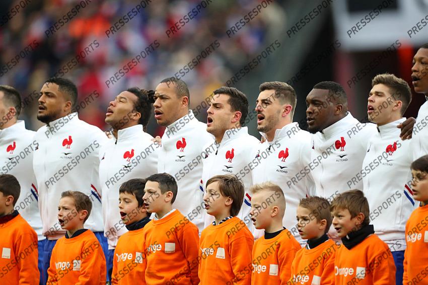 2020 Guinness Six Nations Championship Round 2, Stade de France, Paris, France 9/2/2020 France vs Italy The France team during the anthems Mandatory Credit ©INPHO/Billy Stickland 