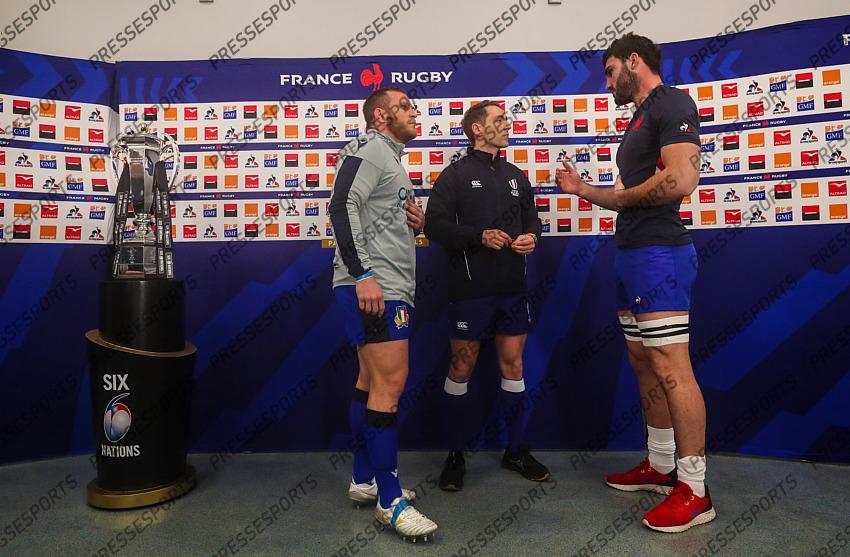 Guinness 6 Nations Round 2 Stade de France Paris 9/2/2020 France vs Italy Referee Andrew Brace with Italian Captain Luca Bigi and France Captain Charles Ollivon at the coin toss Mandatory Credit ©INPHO/Billy Stickland 
