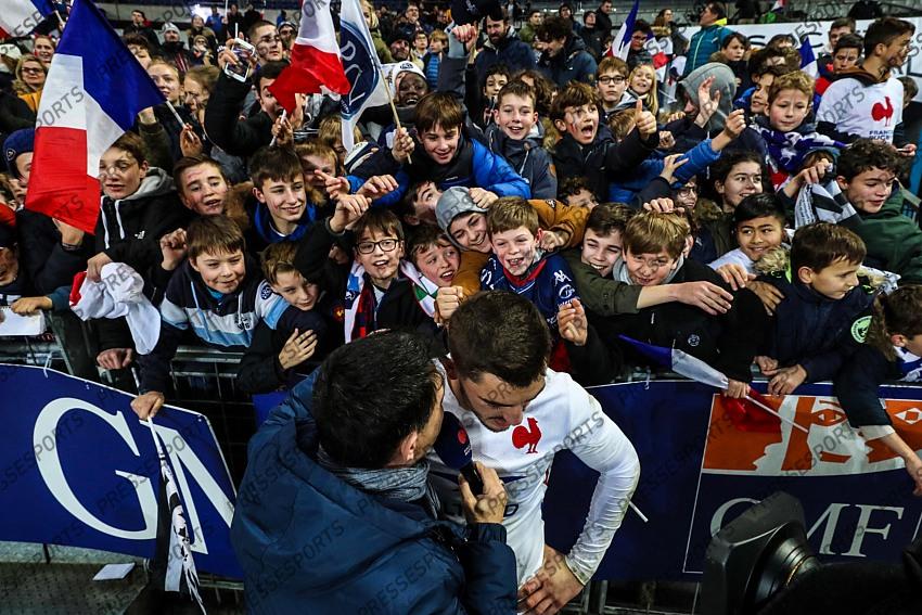Guinness 6 Nations Round 2 Stade de France Paris 9/2/2020 France vs Italy France’s Anthony Bouthier interviewed for television with fans behind him Mandatory Credit ©INPHO/Billy Stickland 