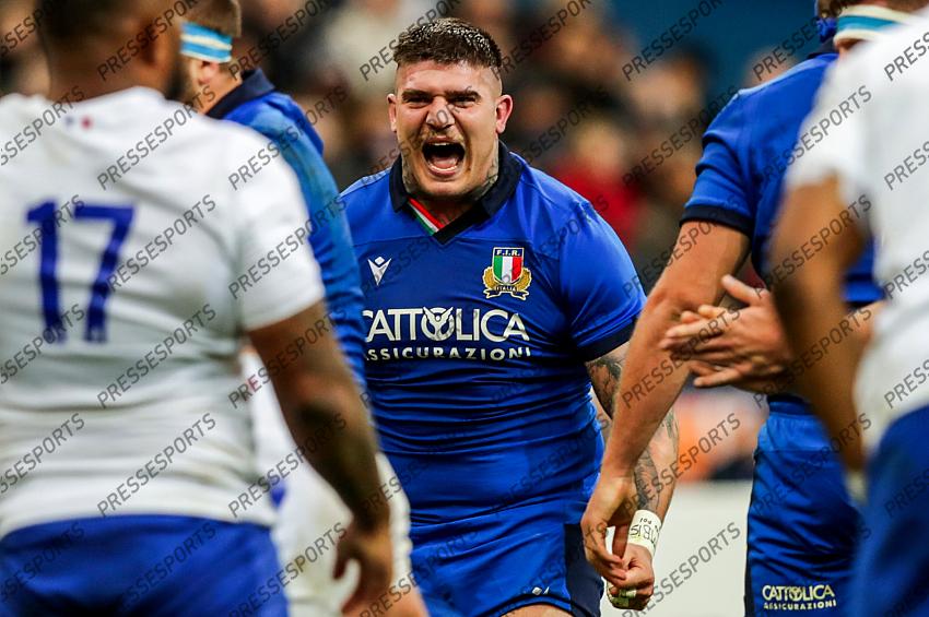 2020 Guinness Six Nations Championship Round 2, Stade de France, Paris, France 9/2/2020 France vs Italy Italy's Marco Riccioni celebrates a try Mandatory Credit ©INPHO/Giuseppe Fama 