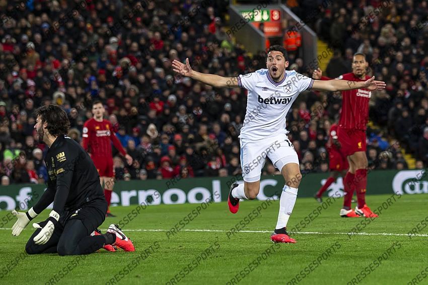 24 February 2020, Liverpool - Premier League Football - Liverpool v West Ham United. Pablo Fornals of West Ham United celebrates after scoring their second goal to make the score 1-2 (photo by Daniel Chesterton) 
