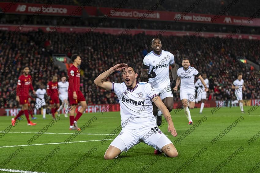 24 February 2020, Liverpool - Premier League Football - Liverpool v West Ham United. Pablo Fornals of West Ham United celebrates after scoring their second goal to make the score 1-2 (photo by Daniel Chesterton) 