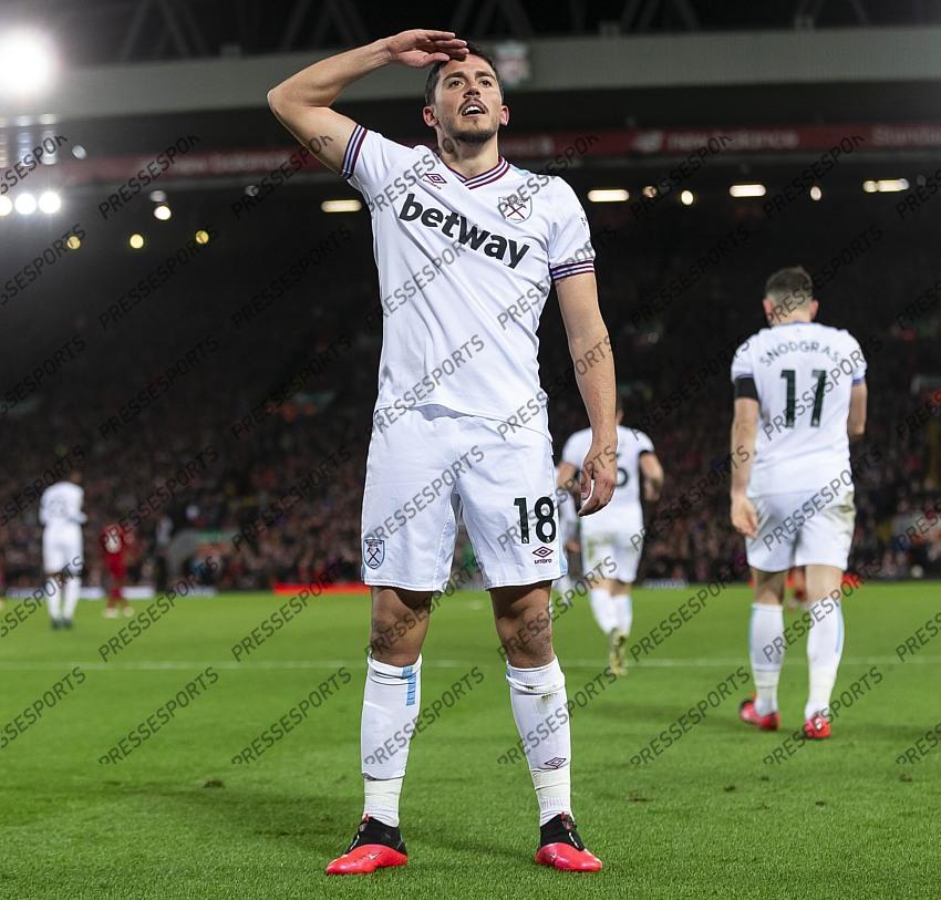 24 February 2020, Liverpool - Premier League Football - Liverpool v West Ham United. Pablo Fornals of West Ham United celebrates after scoring their second goal to make the score 1-2 (photo by Daniel Chesterton) 