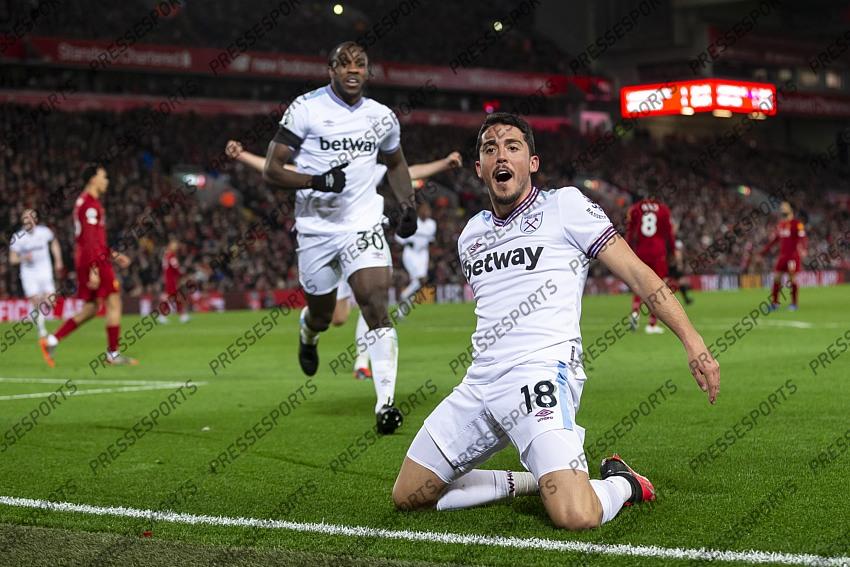 24 February 2020, Liverpool - Premier League Football - Liverpool v West Ham United. Pablo Fornals of West Ham United celebrates after scoring their second goal to make the score 1-2 (photo by Daniel Chesterton) 