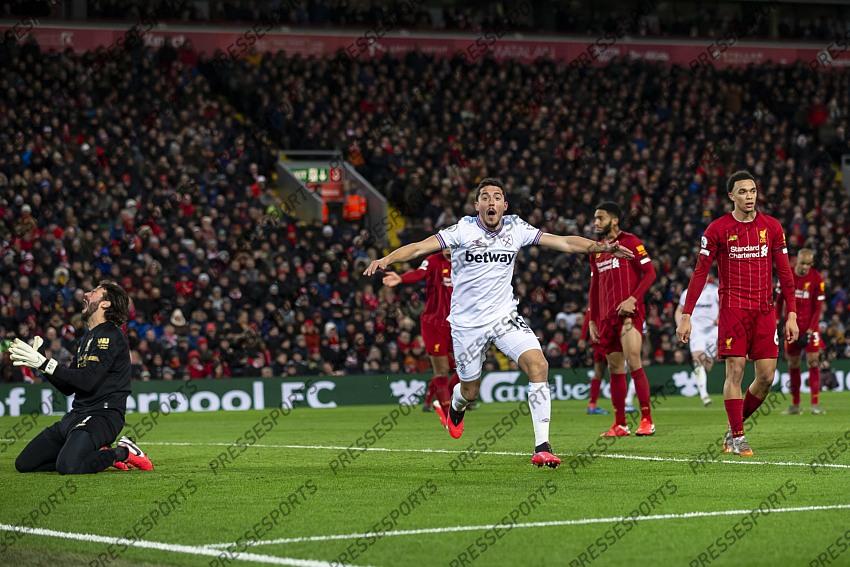 24 February 2020, Liverpool - Premier League Football - Liverpool v West Ham United. Pablo Fornals of West Ham United celebrates after scoring their second goal to make the score 1-2 (photo by Daniel Chesterton) 