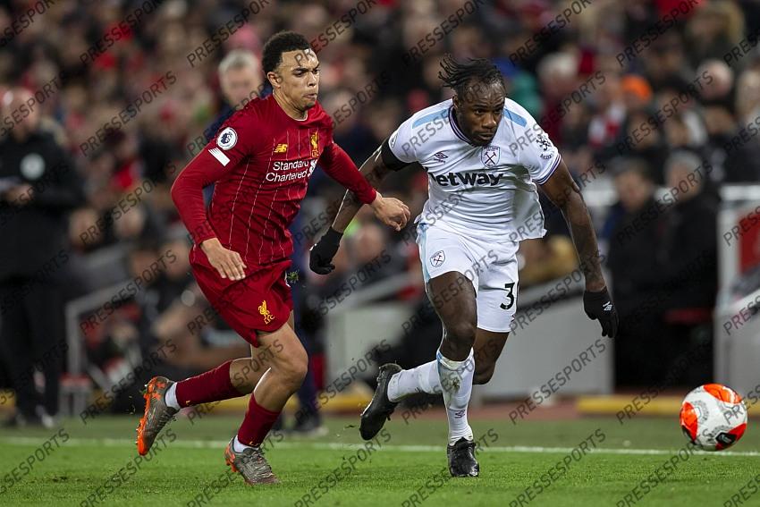24 February 2020, Liverpool - Premier League Football - Liverpool v West Ham United. Trent Alexander-Arnold of Liverpool and Michail Antonio of West Ham United (photo by Daniel Chesterton) 