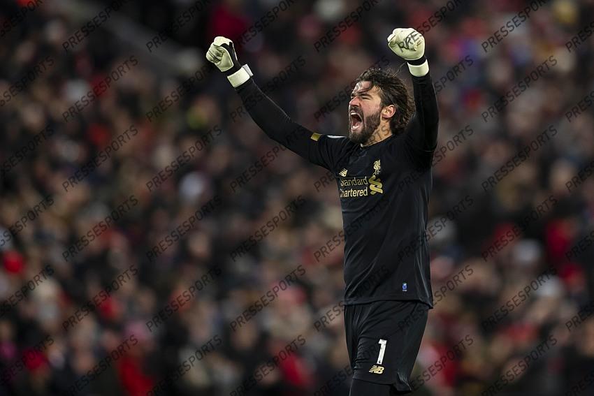 24 February 2020, Liverpool - Premier League Football - Liverpool v West Ham United. Alisson Becker of Liverpool celebrates a disallowed goal (photo by Daniel Chesterton) 