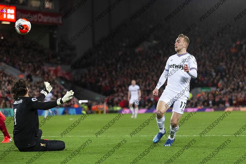 24 February 2020, Liverpool - Premier League Football - Liverpool v West Ham United. Jarrod Bowen of West Ham United has a shot on goal (photo by Daniel Chesterton) 