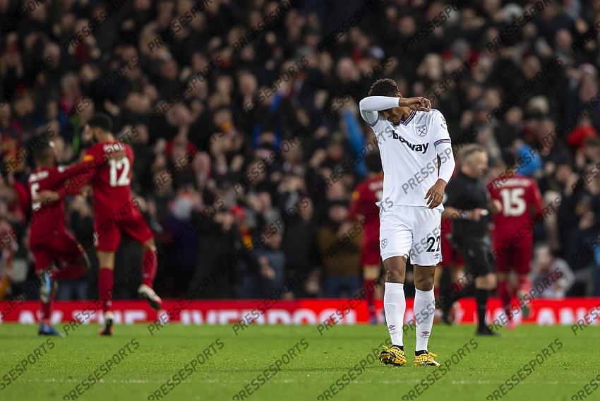 24 February 2020, Liverpool - Premier League Football - Liverpool v West Ham United. Sebastien Haller of West Ham United looks dejected after his side concede their third goal to make the score 3-2 (photo by Daniel Chesterton) 