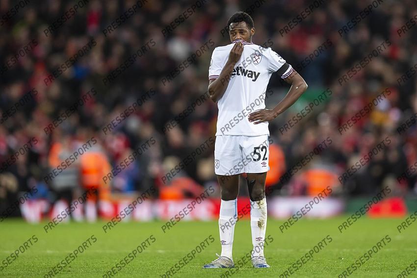 24 February 2020, Liverpool - Premier League Football - Liverpool v West Ham United. Jeremy Ngakia of West Ham United looks dejected after the match (photo by Daniel Chesterton) 