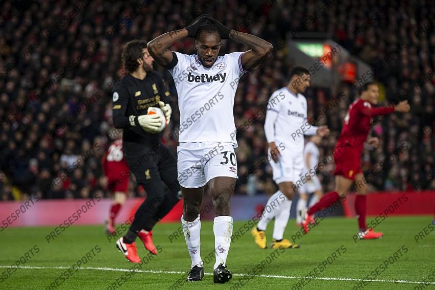 24 February 2020, Liverpool - Premier League Football - Liverpool v West Ham United. Michail Antonio of West Ham United looks dejected after a missed chance (photo by Daniel Chesterton) 