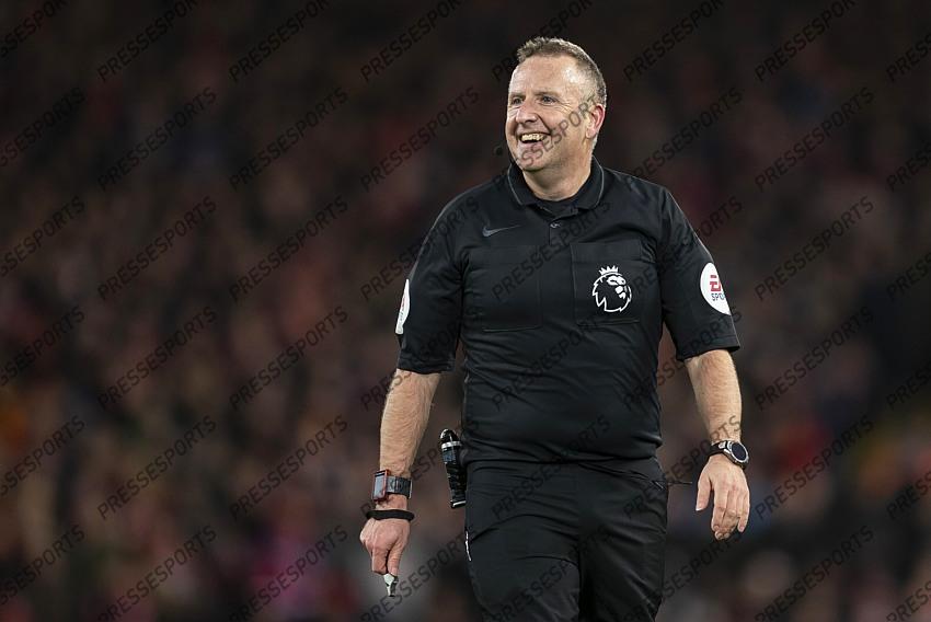 24 February 2020, Liverpool - Premier League Football - Liverpool v West Ham United. Referee Jonathan Moss laughs (photo by Daniel Chesterton) 