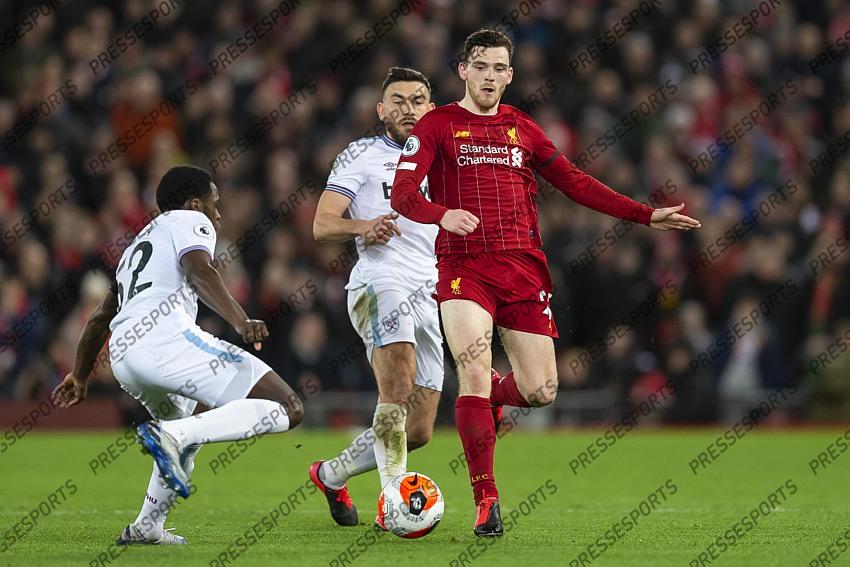 24 February 2020, Liverpool - Premier League Football - Liverpool v West Ham United. Jeremy Ngakia of West Ham United, Andrew Robertson of Liverpool and Robert Snodgrass of West Ham United (photo by Daniel Chesterton) 