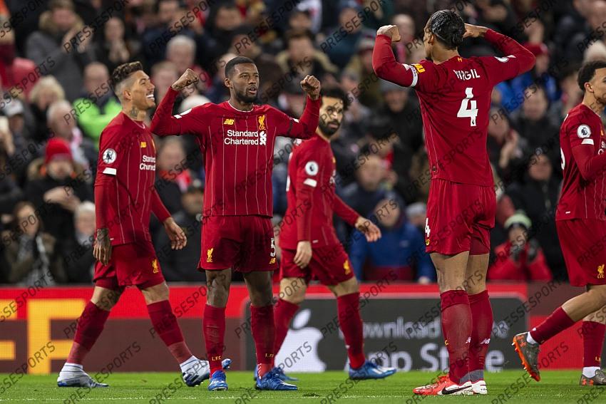 24 February 2020, Liverpool - Premier League Football - Liverpool v West Ham United. Georginio Wijnaldum of Liverpool celebrates with Virgil van Dijk of Liverpool after scoring their first goal to make the score 1-0 (photo by Daniel Chesterton) 