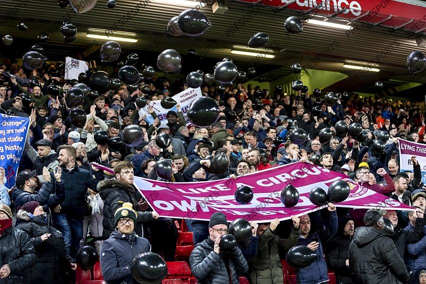 24 February 2020, Liverpool - Premier League Football - Liverpool v West Ham United. West Ham United fans protest against their board before the match (photo by Daniel Chesterton) 