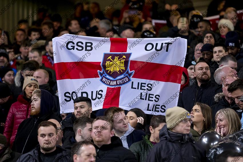 24 February 2020, Liverpool - Premier League Football - Liverpool v West Ham United. West Ham United fans protest against their board before the match (photo by Daniel Chesterton) 