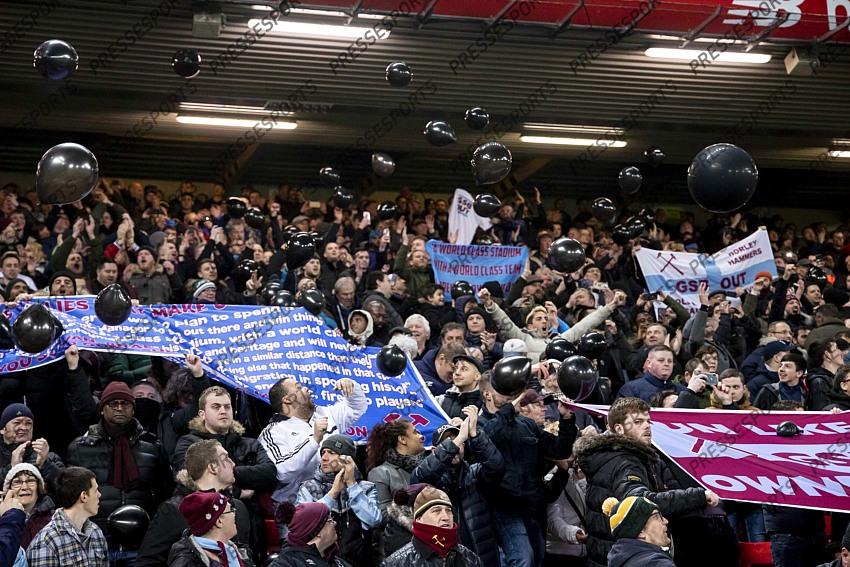 24 February 2020, Liverpool - Premier League Football - Liverpool v West Ham United. West Ham United fans protest against their board before the match (photo by Daniel Chesterton) 
