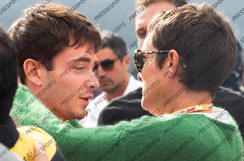 Ferrari's Monegasque driver Charles Leclerc and French driver Anthoine Hubert's mother pictured during a minute of silence for deceased French pilot Anthoine Hubert, before the Spa-Francorchamps Formula One Grand Prix of Belgium race, in Spa-Francorchamps, Sunday 01 September 2019. The 22-year-old Hubert was killed in a crash yesterday, during the Formula 2 feature race on the Spa-Francorchamps track. BELGA PHOTO BENOIT DOPPAGNE 