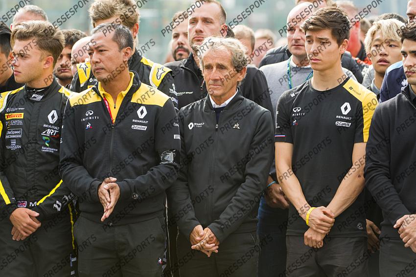 French driver Anthoine Hubert's relatives and teammates pictured during a minute of silence for deceased French pilot Anthoine Hubert, before the Spa-Francorchamps Formula One Grand Prix of Belgium race, in Spa-Francorchamps, Sunday 01 September 2019. The 22-year-old Hubert was killed in a crash yesterday, during the Formula 2 feature race on the Spa-Francorchamps track. BELGA PHOTO NICOLAS LAMBERT 