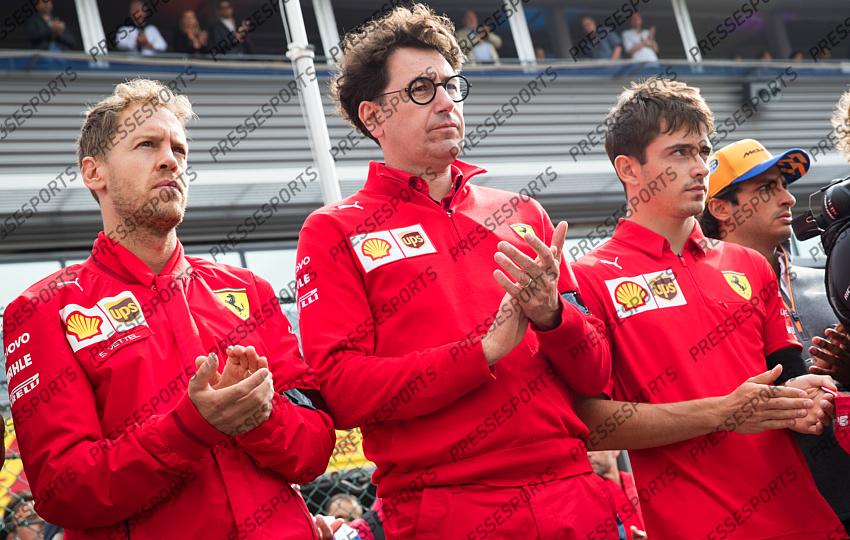 Ferrari's German driver Sebastian Vettel, Ferrari Team Principal Mattia Binotto and Ferrari's Monegasque driver Charles Leclerc pictured during a minute of silence for deceased French pilot Anthoine Hubert, before the Spa-Francorchamps Formula One Grand Prix of Belgium race, in Spa-Francorchamps, Sunday 01 September 2019. The 22-year-old Hubert was killed in a crash yesterday, during the Formula 2 feature race on the Spa-Francorchamps track. BELGA PHOTO BENOIT DOPPAGNE 