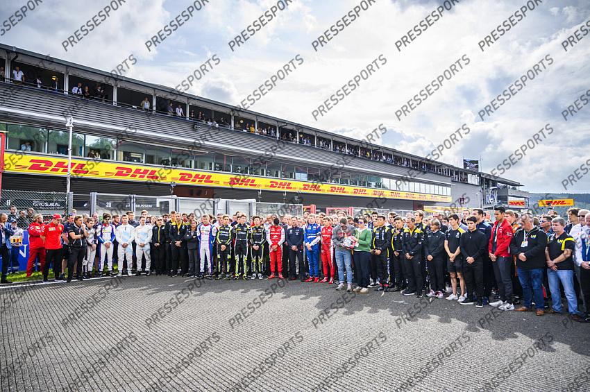 French driver Anthoine Hubert's relatives and teammates pictured during a minute of silence for deceased French pilot Anthoine Hubert, before the Spa-Francorchamps Formula One Grand Prix of Belgium race, in Spa-Francorchamps, Sunday 01 September 2019. The 22-year-old Hubert was killed in a crash yesterday, during the Formula 2 feature race on the Spa-Francorchamps track. BELGA PHOTO NICOLAS LAMBERT 