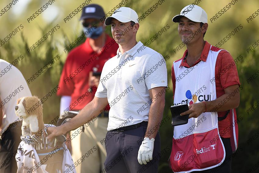 Oct 15, 2020; Las Vegas, Nevada, USA; Rory McIlroy stands with his caddie Harry Diamond on the fifth hole during the first round of the CJ Cup golf tournament at Shadow Creek Golf Course. Mandatory Credit: Kelvin Kuo-USA TODAY Sports 