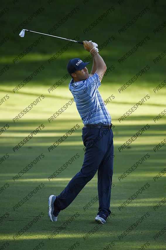 Oct 15, 2020; Las Vegas, Nevada, USA; Ryan Palmer hits a shot on the sixth hole during the first round of the CJ Cup golf tournament at Shadow Creek Golf Course. Mandatory Credit: Kelvin Kuo-USA TODAY Sports 