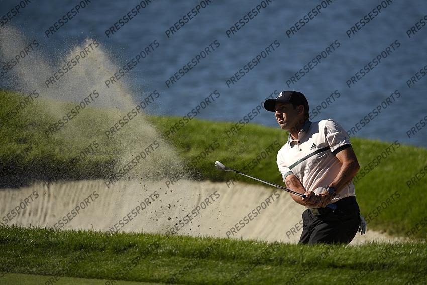 Oct 15, 2020; Las Vegas, Nevada, USA; Sergio Garcia hits out of the bunker on the fourth hole during the first round of the CJ Cup golf tournament at Shadow Creek Golf Course. Mandatory Credit: Kelvin Kuo-USA TODAY Sports 