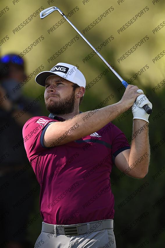 Oct 15, 2020; Las Vegas, Nevada, USA; Tyrrell Hatton tees off on the fifth hole during the first round of the CJ Cup golf tournament at Shadow Creek Golf Course. Mandatory Credit: Kelvin Kuo-USA TODAY Sports 