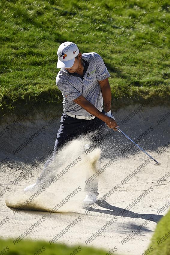 Oct 15, 2020; Las Vegas, Nevada, USA; Sung Kang hits out of the bunker on the fourth hole during the first round of the CJ Cup golf tournament at Shadow Creek Golf Course. Mandatory Credit: Kelvin Kuo-USA TODAY Sports 