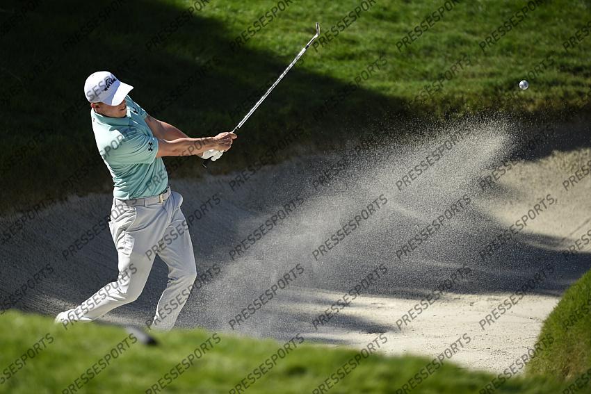 Oct 15, 2020; Las Vegas, Nevada, USA; Matthew Fitzpatrick hits out of the bunker on the fourth hole during the first round of the CJ Cup golf tournament at Shadow Creek Golf Course. Mandatory Credit: Kelvin Kuo-USA TODAY Sports 