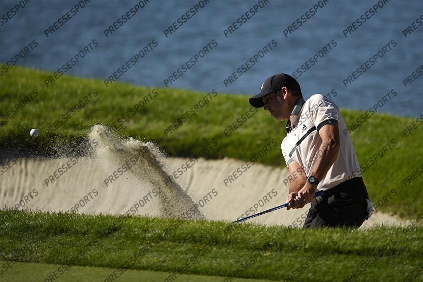 Oct 15, 2020; Las Vegas, Nevada, USA; Sergio Garcia hits out of the bunker on the fourth hole during the first round of the CJ Cup golf tournament at Shadow Creek Golf Course. Mandatory Credit: Kelvin Kuo-USA TODAY Sports 