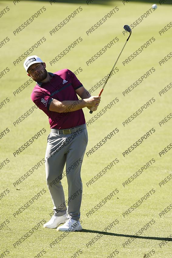 Oct 15, 2020; Las Vegas, Nevada, USA; Tyrrell Hatton hits a shot on the fourth hole during the first round of the CJ Cup golf tournament at Shadow Creek Golf Course. Mandatory Credit: Kelvin Kuo-USA TODAY Sports 