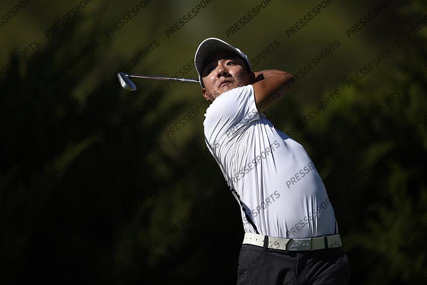 Oct 15, 2020; Las Vegas, Nevada, USA; Hanbyeol Kim tees off on the fifth hole during the first round of the CJ Cup golf tournament at Shadow Creek Golf Course. Mandatory Credit: Kelvin Kuo-USA TODAY Sports 