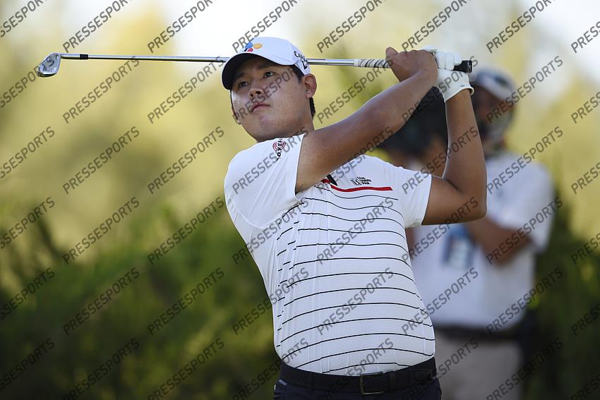 Oct 15, 2020; Las Vegas, Nevada, USA; Si Woo Kim tees off on the fifth hole during the first round of the CJ Cup golf tournament at Shadow Creek Golf Course. Mandatory Credit: Kelvin Kuo-USA TODAY Sports 