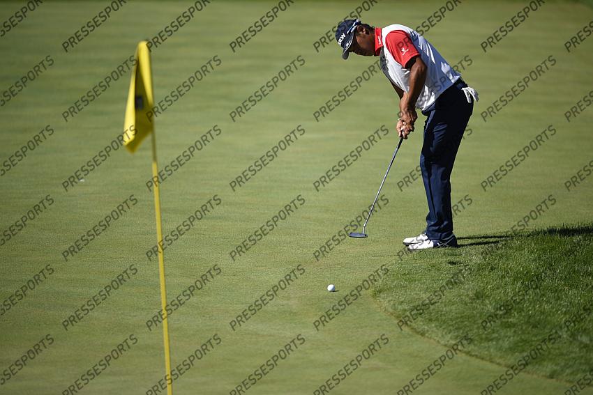 Oct 15, 2020; Las Vegas, Nevada, USA; Hideki Matsuyama putts on the fourth hole during the first round of the CJ Cup golf tournament at Shadow Creek Golf Course. Mandatory Credit: Kelvin Kuo-USA TODAY Sports 