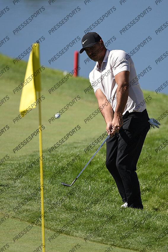 Oct 15, 2020; Las Vegas, Nevada, USA; Brooks Koepka chips onto the green of the fourth hole during the first round of the CJ Cup golf tournament at Shadow Creek Golf Course. Mandatory Credit: Kelvin Kuo-USA TODAY Sports 