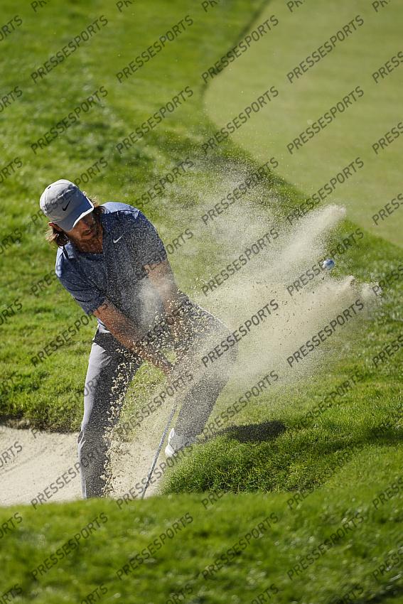 Oct 15, 2020; Las Vegas, Nevada, USA; Tommy Fleetwood hits out of the bunker on the fourth hole during the first round of the CJ Cup golf tournament at Shadow Creek Golf Course. Mandatory Credit: Kelvin Kuo-USA TODAY Sports 