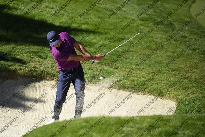 Oct 15, 2020; Las Vegas, Nevada, USA; Jason Day hits out of the bunker on the fourth hole during the first round of the CJ Cup golf tournament at Shadow Creek Golf Course. Mandatory Credit: Kelvin Kuo-USA TODAY Sports 