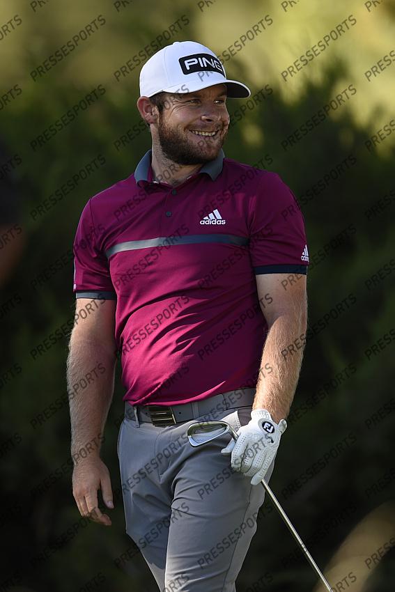 Oct 15, 2020; Las Vegas, Nevada, USA; Tyrrell Hatton reacts after his tee shot on the fifth hole during the first round of the CJ Cup golf tournament at Shadow Creek Golf Course. Mandatory Credit: Kelvin Kuo-USA TODAY Sports 