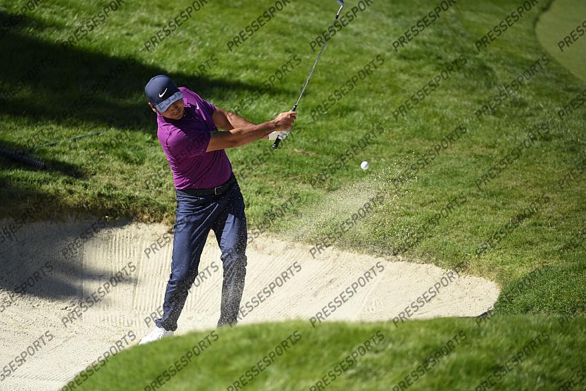 Oct 15, 2020; Las Vegas, Nevada, USA; Jason Day hits out of the bunker on the fourth hole during the first round of the CJ Cup golf tournament at Shadow Creek Golf Course. Mandatory Credit: Kelvin Kuo-USA TODAY Sports 