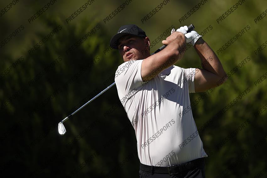 Oct 15, 2020; Las Vegas, Nevada, USA; Brooks Koepka tees off on the fifth hole during the first round of the CJ Cup golf tournament at Shadow Creek Golf Course. Mandatory Credit: Kelvin Kuo-USA TODAY Sports 