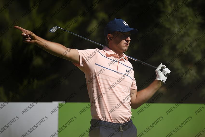 Oct 15, 2020; Las Vegas, Nevada, USA; Jordan Spieth reacts after teeing off on the fifth hole during the first round of the CJ Cup golf tournament at Shadow Creek Golf Course. Mandatory Credit: Kelvin Kuo-USA TODAY Sports 