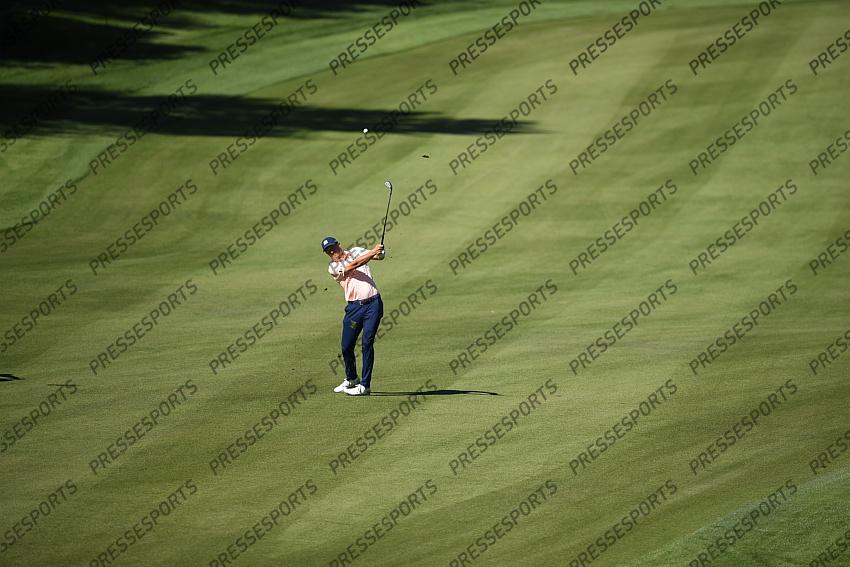 Oct 15, 2020; Las Vegas, Nevada, USA; Jordan Spieth hits a shot on the fourth hole during the first round of the CJ Cup golf tournament at Shadow Creek Golf Course. Mandatory Credit: Kelvin Kuo-USA TODAY Sports 