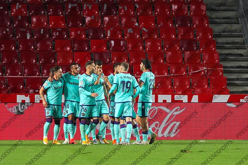 Ruben Vezo Levante UD celebrates a goal during the La Liga football match played between Granada CF and Levante UD at Nuevo los Carmenes stadium on November 01, 2020 in Granada, Spain. 