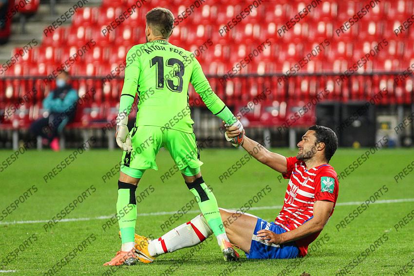 Jorge Molina of Granada CF and Aitor Fernandez of Levante UD during the La Liga football match played between Granada CF and Levante UD at Nuevo los Carmenes stadium on November 01, 2020 in Granada, Spain. 